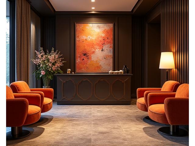 Luxurious boutique hotel lobby with elegant seating and artistic decor