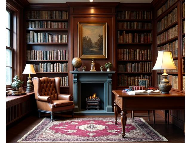 Classic library in a country estate with dark wood shelving and leather armchairs
