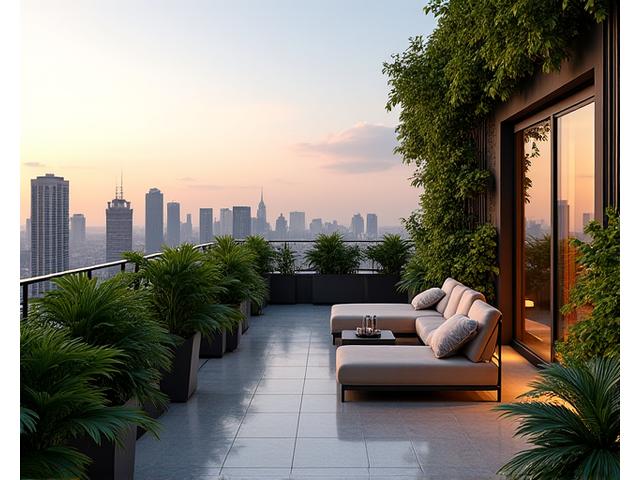 Penthouse terrace with lush greenery and stunning city views