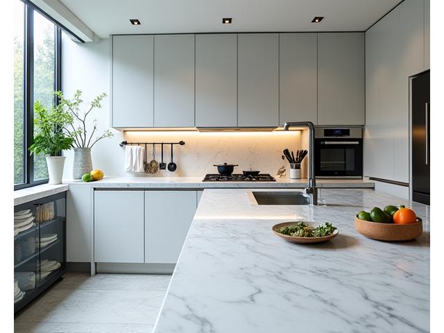 Chef's kitchen with marble countertops and high-end appliances