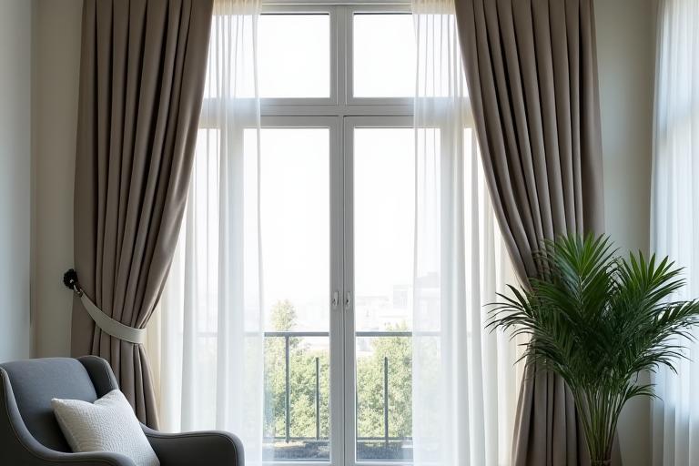 Elegant custom-made drapery in a high-ceilinged room