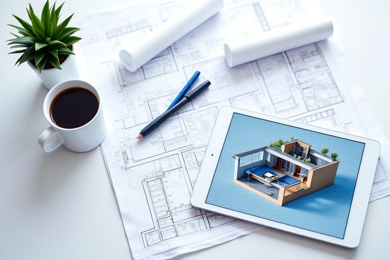 Architectural drawings and a blueprint on a design table